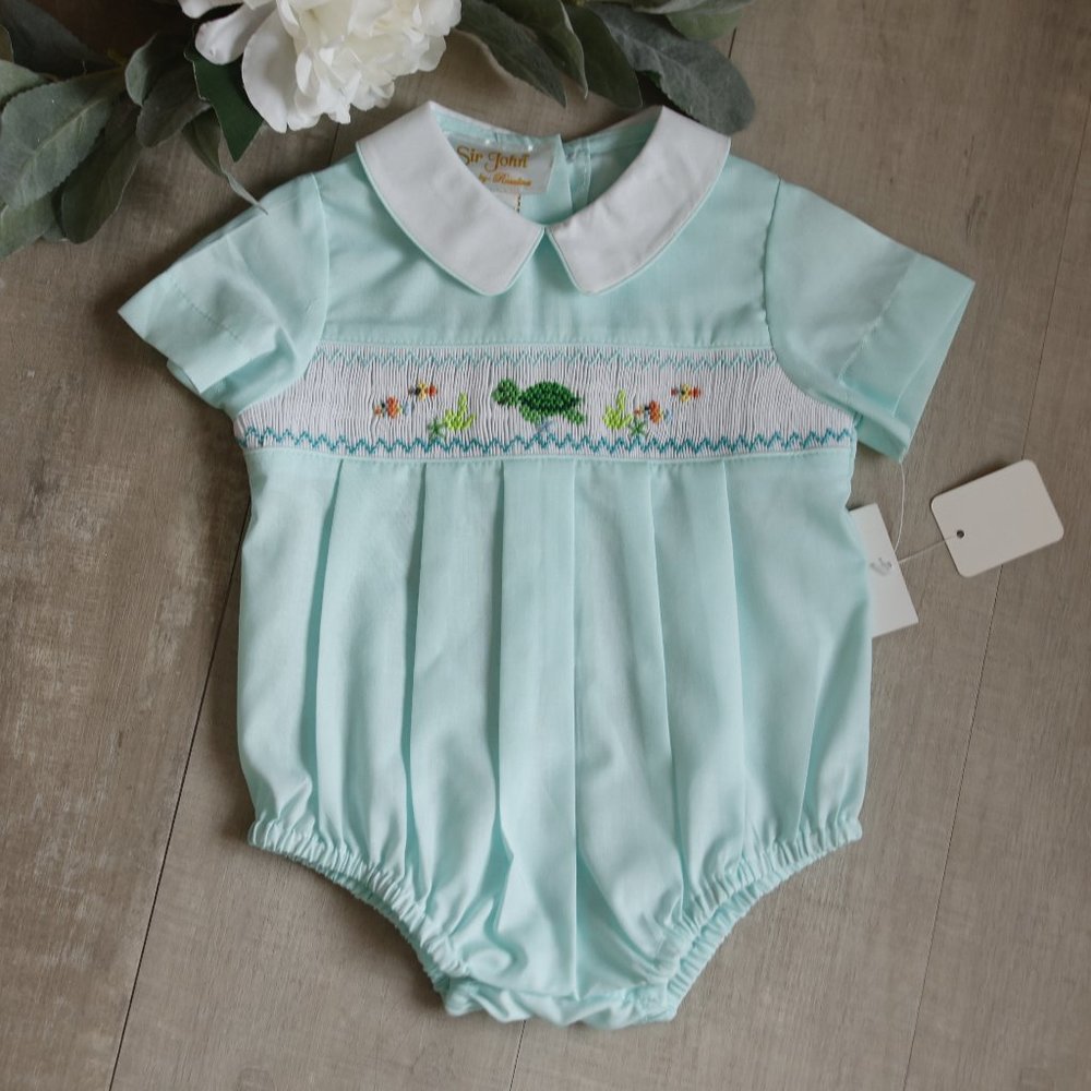 Boy's Aqua Smocked Romper Boutique Size 3 Months Embroidery Spring Vacation NWT